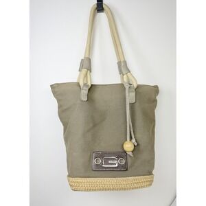 Vintage GUESS Canvas Bucket Tote Bag Straw Trim Rope Handle Y2K Beach Purse